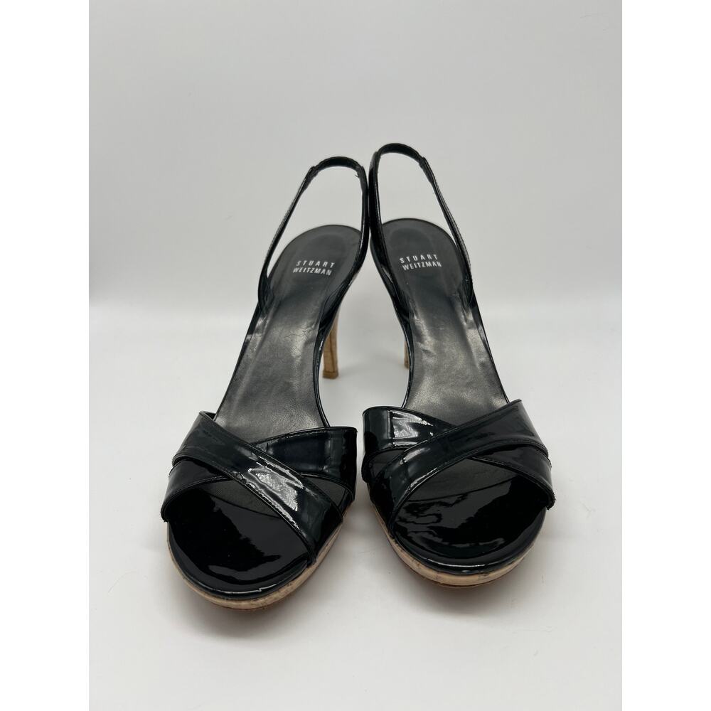 Stuart Weitzman Black Patent Leather Sexy Open Toe Heel Strap 4" Heels Size 9